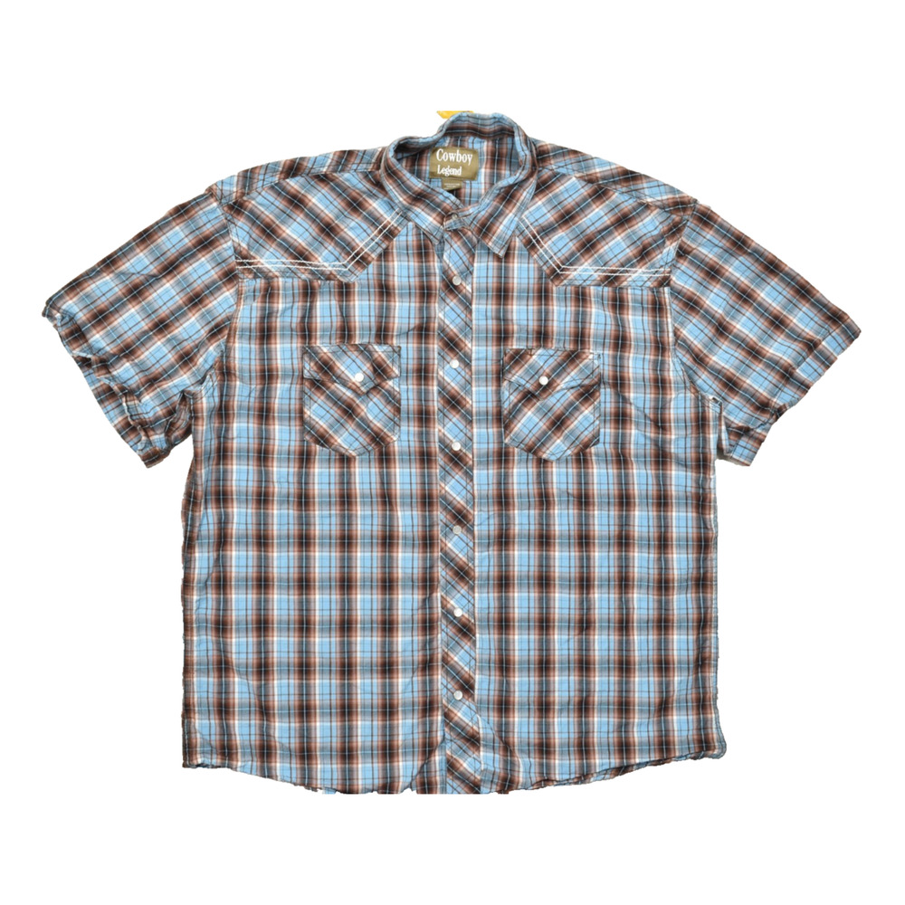 Cowboy Legend Men's XXL Blue Brown Plaid Short Sleeve Western Pearl Snap Cotton